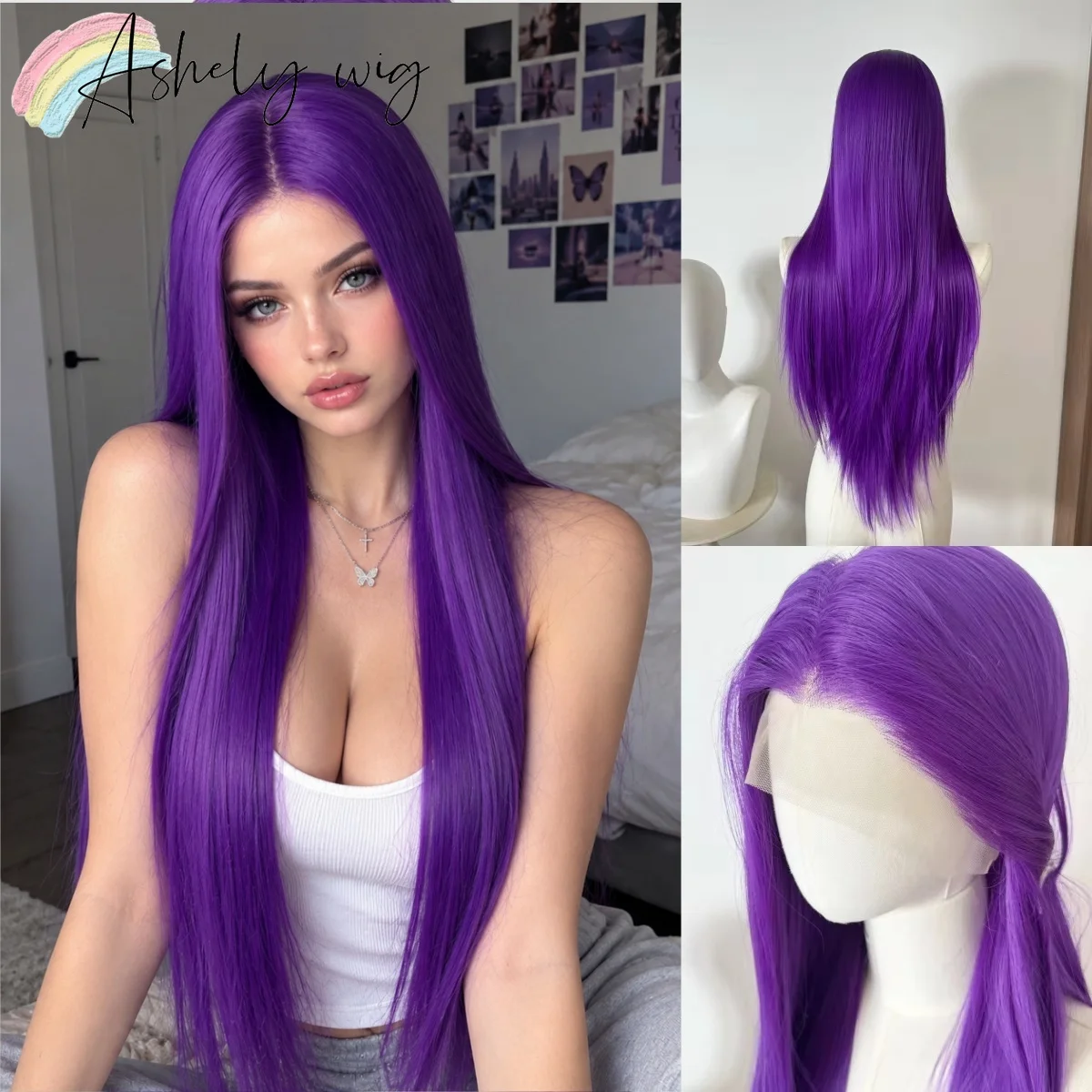 Ashley Wig Bright Royal Purple Lace Front Wig Pre Plucked Baby Hair Long Straight Synthetic Wig Free Part for Women Halloween
