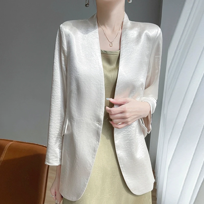 Women's Premium Acetate Satin Blazer Loose Casual Single Button Suit Jacket Elegant Office Vintage Luxury Spring 2026