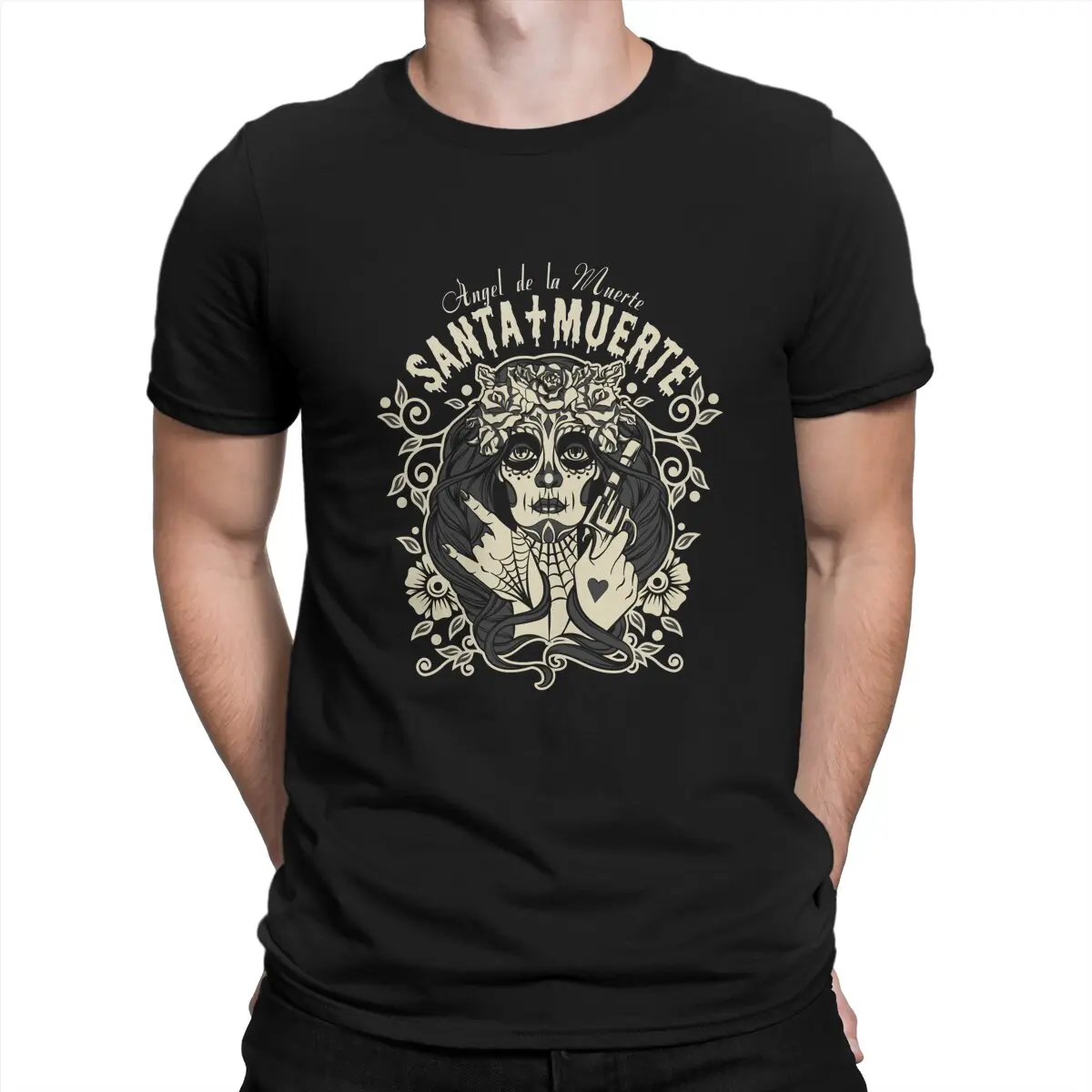 Sugar Calavera Angel De La Classic Men TShirt Mexican Skull Santa Muerte Crewneck Short Sleeve Polyester T Shirt Birthday Gifts