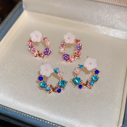 2 Pairs Flower Leaves Stud Earrings for Women Girls Korean Fashion Rhinestone Crystal Stud Earrings Party Banquet Jewelry Gift