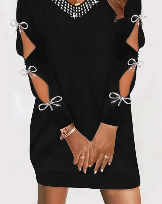 Vestido decorativo com arco de strass feminino oco, manga comprida, decote em v, casual, venda quente, nova moda, 2023