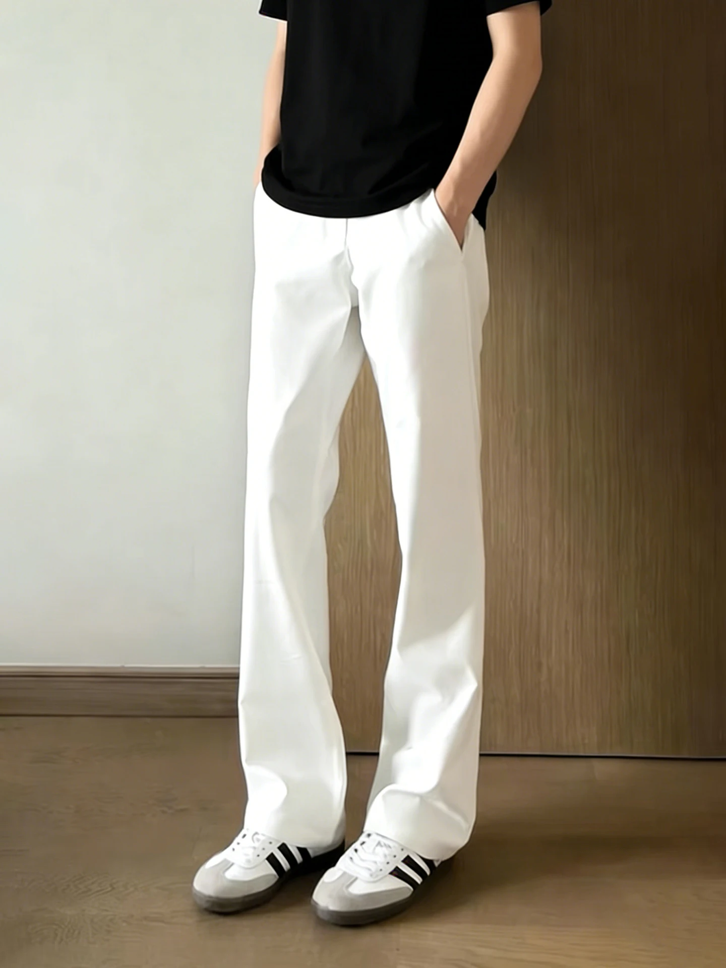 

Pure White High Waist Straight Leg Men's Jeans Spring American Vibe Wear Resistant Straight Tube No Leg Bend Knife Flared Pants