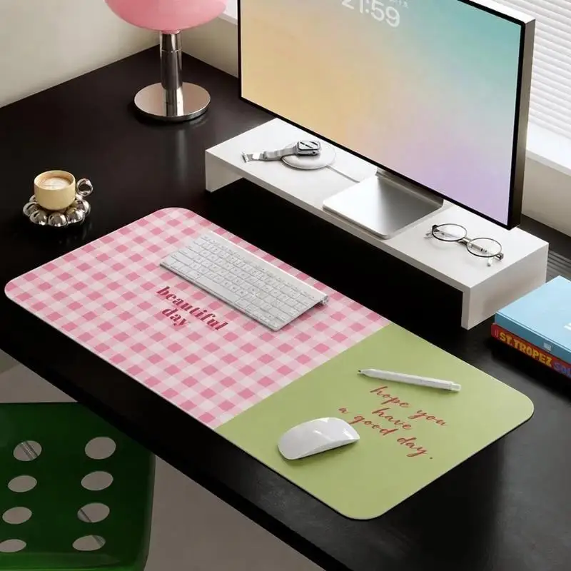 Pink Green Plaid Printed Desk Pad Large Size Waterproof Non Slip For Office Gaming Study Desktop