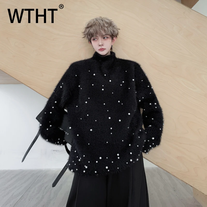 

WTHT модный мужской однотонный вязаный свитер с бусинами, модный осенний свитер 2023, свободные топы с длинными рукавами и воротником-стойкой, мужские 2A2073