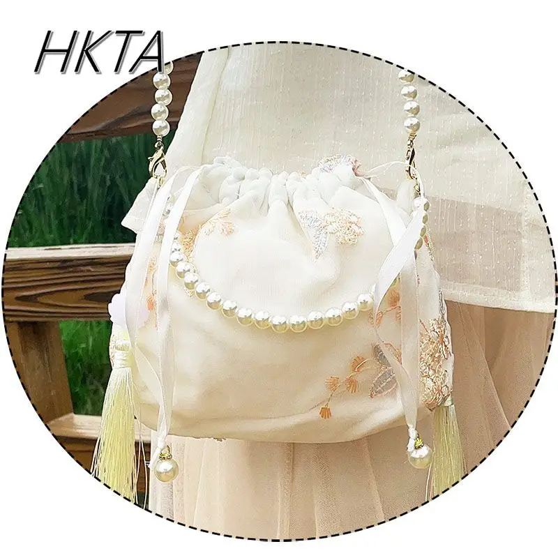 Estilo chinês bordado versátil balde portátil hanfu saco de cosméticos das mulheres lolita doce portátil pérola corrente bolsa de ombro menina