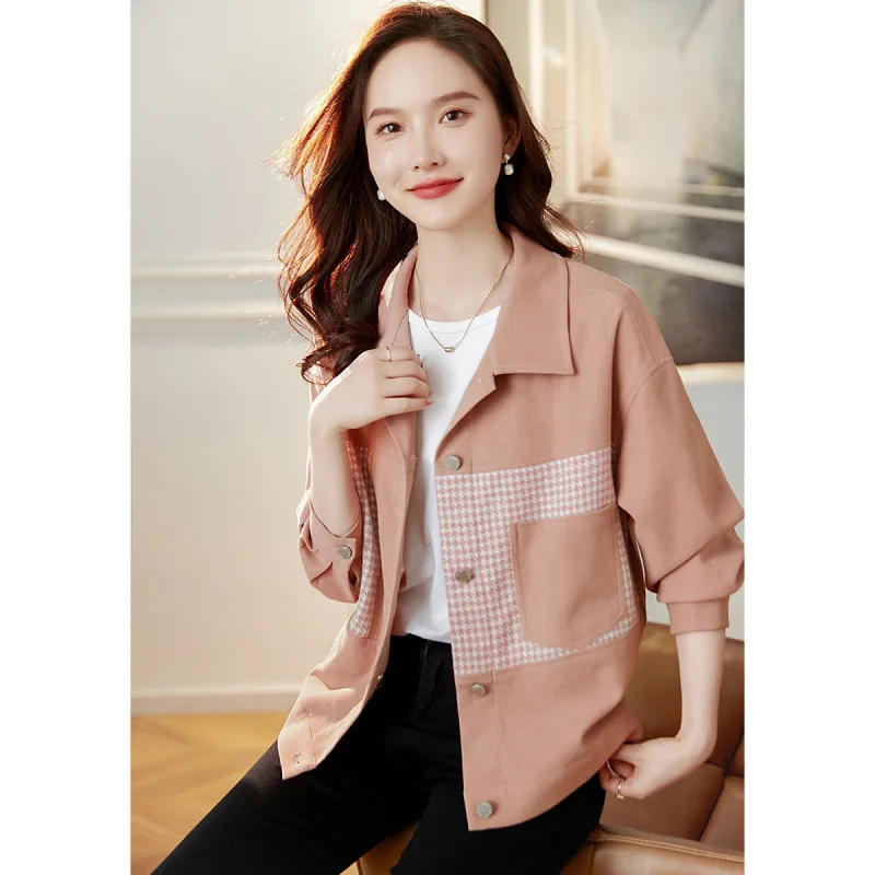 Boweylun New Plaid Color Blocked  Clash Jacket Women Autumn Fashion Lapel Short Coat