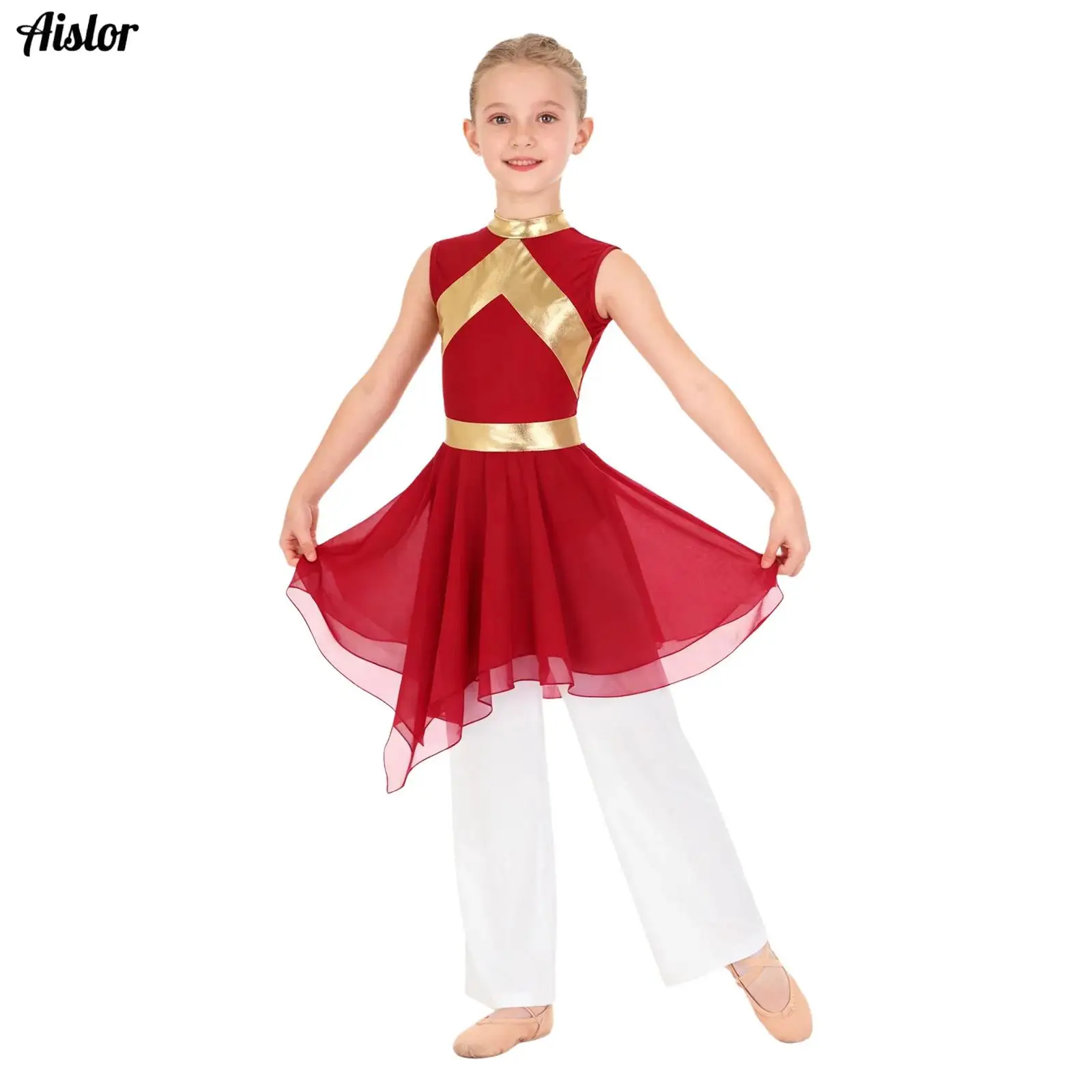 

2Pcs/Set Kids Girls Liturgical Praise Dance Outfit Metallic Contrast Color Sleeveless Asymmetrical Hem Dress+Wide-Leg Pants
