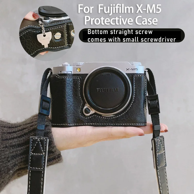 Retro PU Leather Camera Protective Case for Fujifilm X-M5 XM5 Half Body Base Shoulder Strap Dustproof Portable Camera Accessory