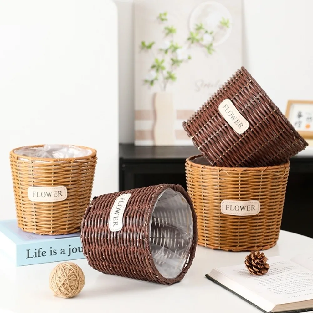 Decorative Tabletop Imitation Rattan Basket Plastic Woven Plant Pot Rattan Storage Baskets Home