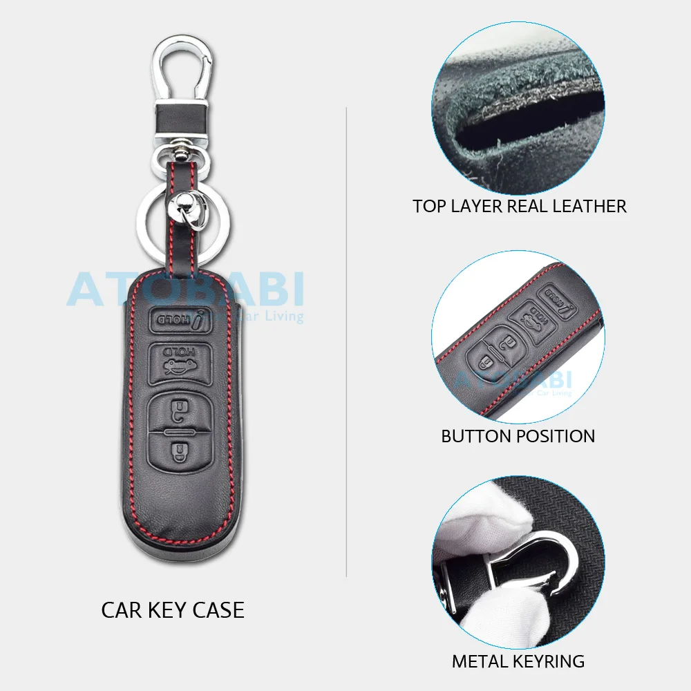 ATOBABI Leather Car Key Case Keychain For Mazda 3 6 CX-5 CX-7 CX-9 MX-5 MIATA 4 Buttons Smart Keyless Remote Fob Protector Cover