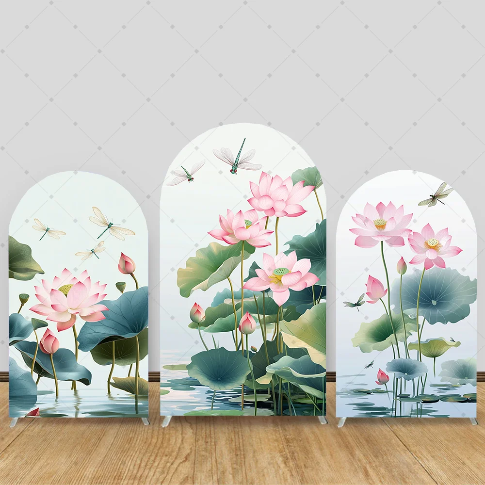 

Summer Pond Lotus 2-sided Arch Backdrop Cover Dragonfly Girl Birthday Baby Shower Party Decoration Portrait Photozone Background