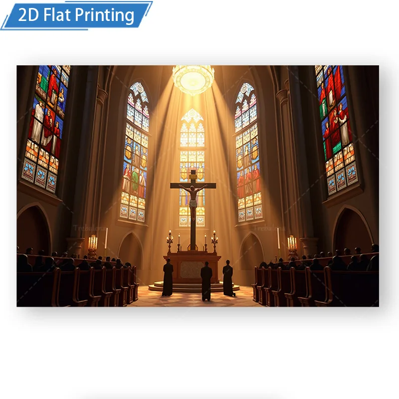 قطعة واحدة من نسيج الحائط الأنيق لمشهد الكنيسة مع نوافذ زجاجية ملونة وإضاءة دافئة #2