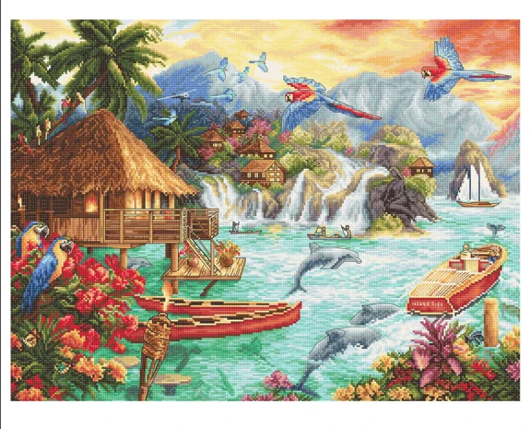 Island Life Log Cabin Dolphin Bird 18CT 16CT 14CT Unprinted Cross Stitch Kits Embroidery Art DIY Handmade Needlework Home Decor