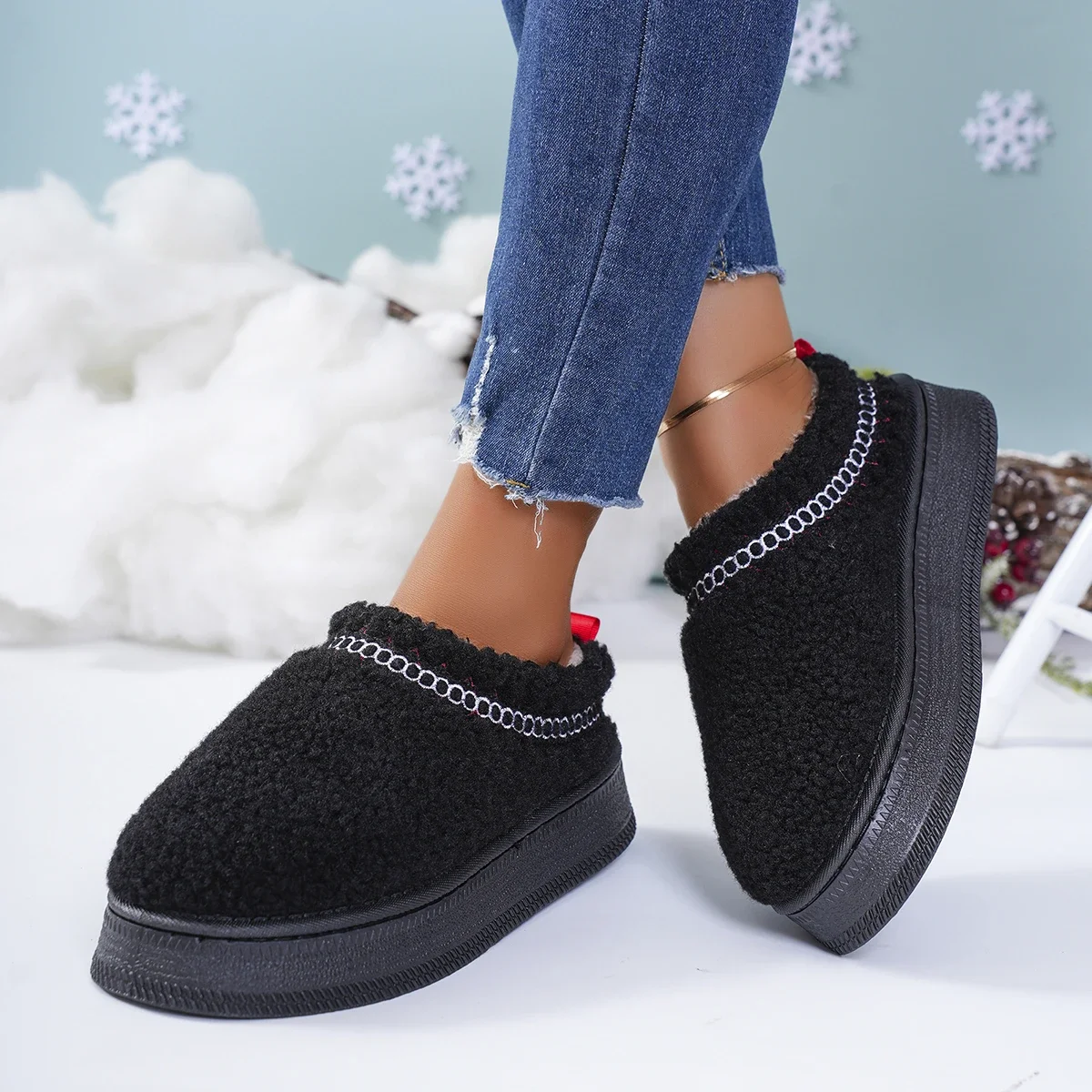 

New Warm Fur Ankle Boots Women Flats Platform Slippers Plush Flip Flops Winter Cotton Shoes for Women Brand Design Snow Botas