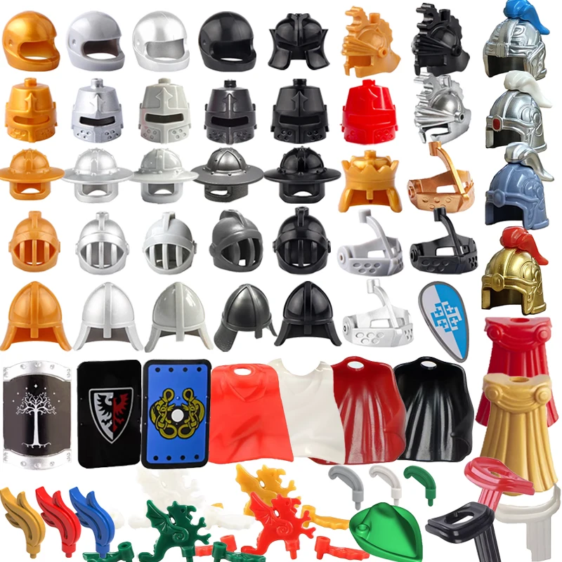 MOC Baustein Mittelalterlicher Ritter Römischer Soldat Zubehör Helm Kopfbedeckung Flammenfeder Schwarzer Adler Schild König Umhang Ziegelspielzeug