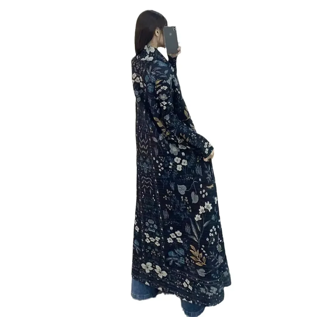 Miyake Pleated Print Foldable Collar Long Sleeved Trench Coat for Women 2024 New Winter Original Designer Fashion Cardigan Dress