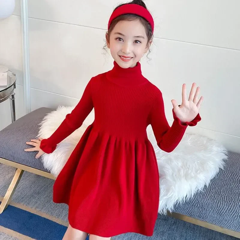 

2025 Spring Autumn Winter Girls Turtleneck Sweater Dress Baby Toddler Teenage Kids Girls Knitted Dress Children's Clothes