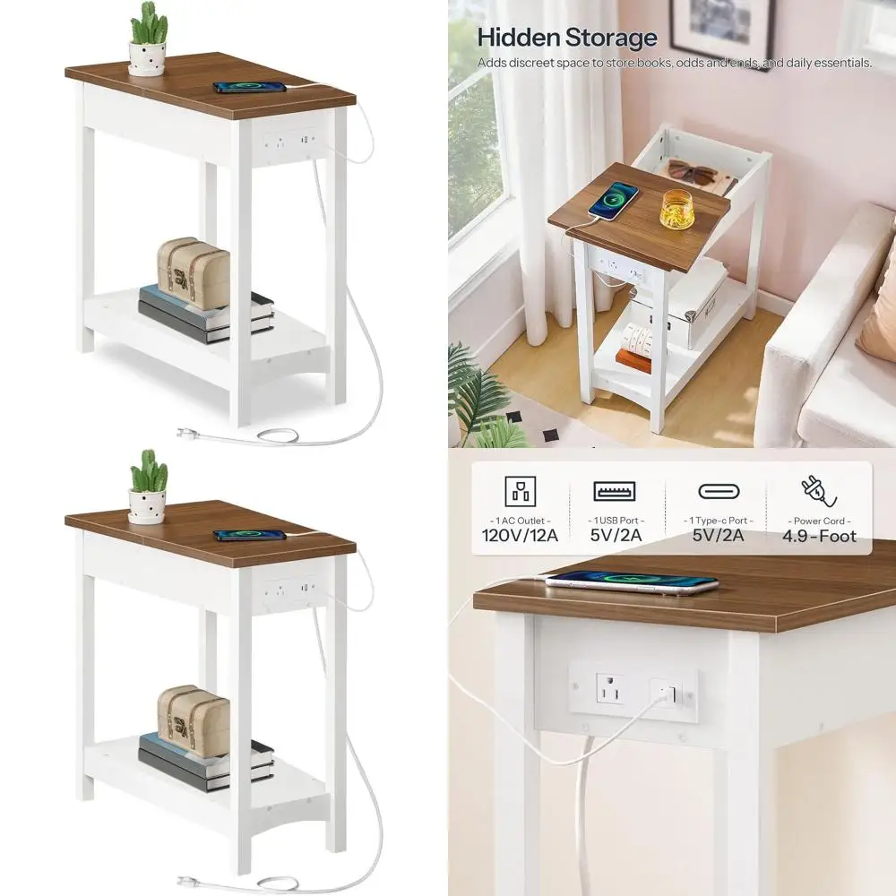 

Charging Station End Table, Reclining Side Table with Hidden Storage, Triangle Accent Table for Small Spaces, Living Room, White