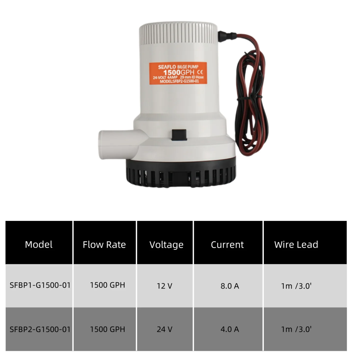SEAFLO 1500GPH Bilge Pump 12V 24V Marine Boat Bilge Pump High Flow Water Pump Small Size Easy Clean Strainer