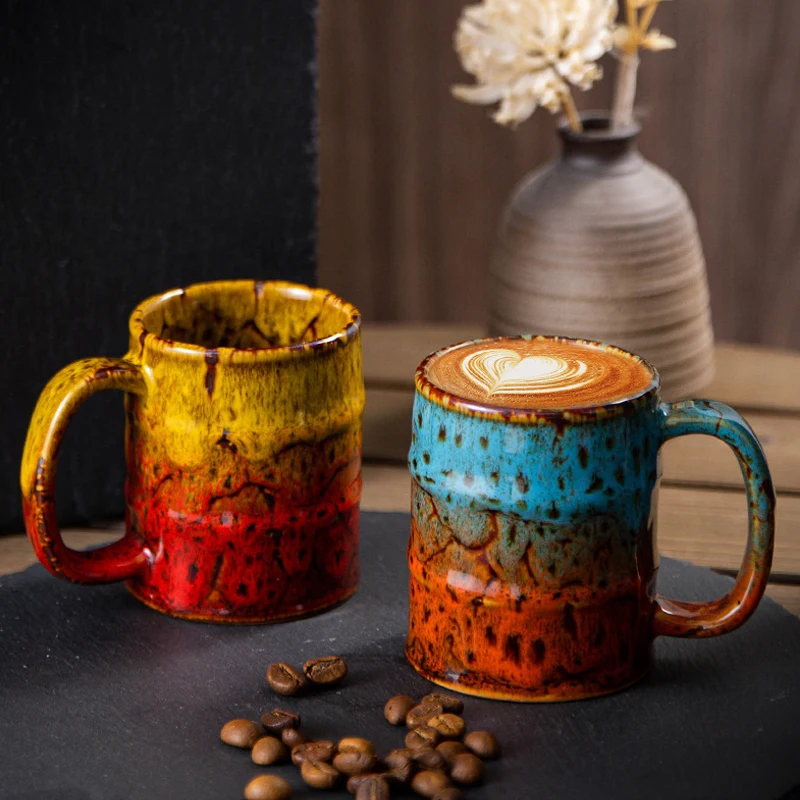 

Heavy Colorful Large Coffee Mugs Ceramic Barrel Beer Cups Small Oil Drum Shaped Mug-Red and Yellow