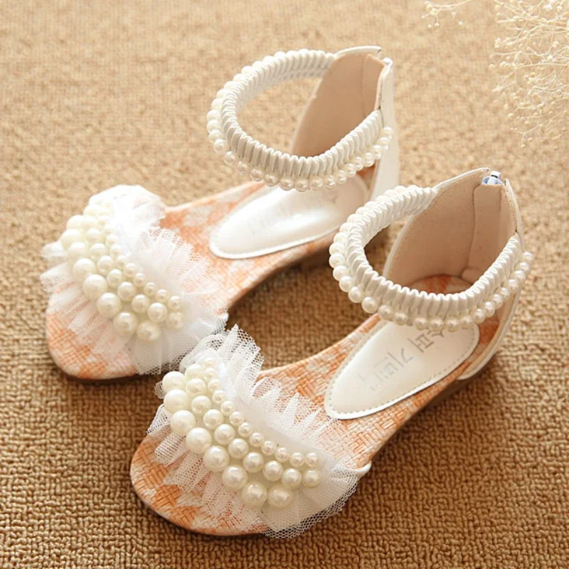 Summer Girls Sandals Fashion Pearls Girls Princess Shoes Baby Girl Shoes Flat Heel Sandals Kids Outdoor Beach Sandal Size 21-30