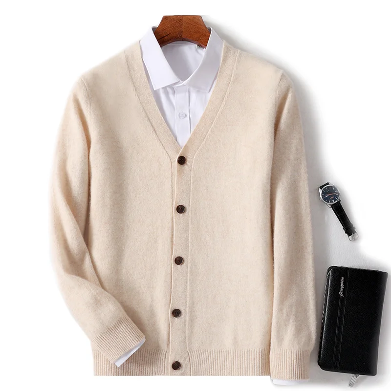 Autumn And Winter 100% Wool Cardigan Men's V-neck Solid Color Sweater Business Casual Coat Knitted Bottoming Shirt