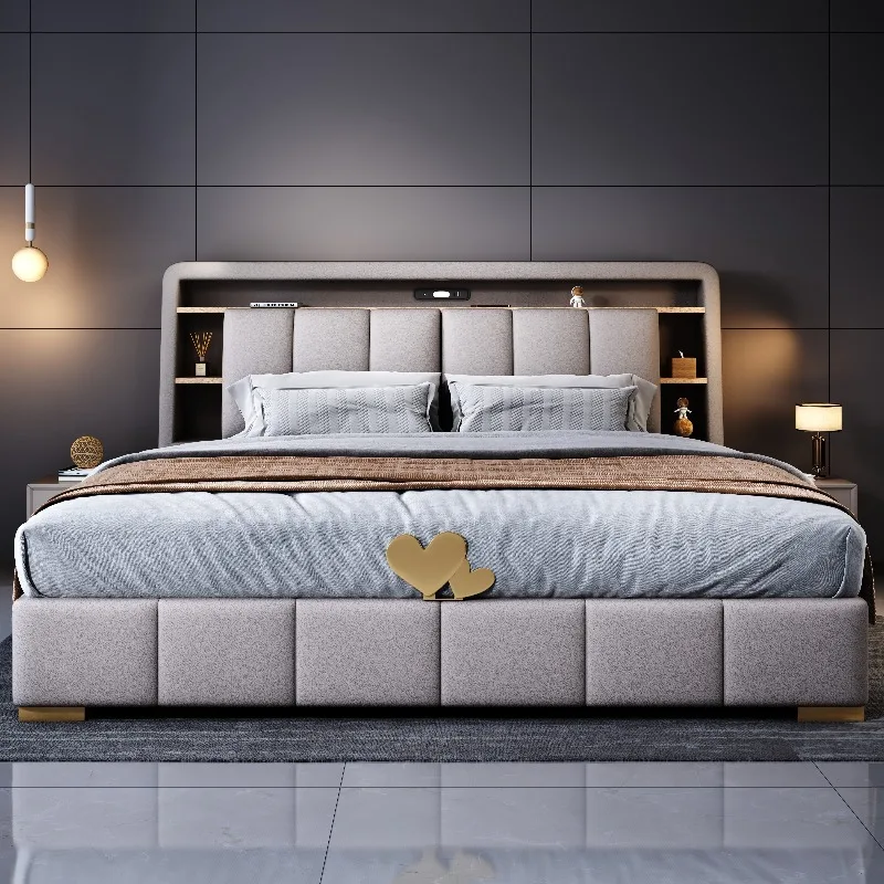 

Minimalist Luxury Bed Organiser Fancy Multifunctional Frame Bed Double King Camas De Matrimonio Dormitorio Bedroom Accessories