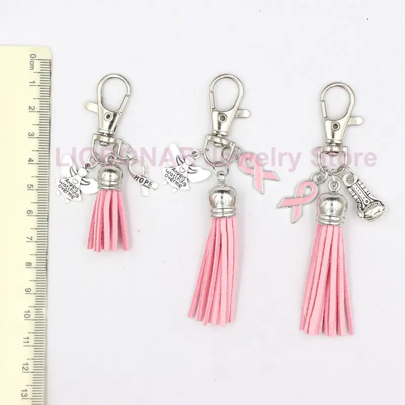 New Arrival Breast Cancer Awareness Pink Ribbon Tassel Keychains Keyring Heart Life Tree Never Give Up Charms Key Chain Jewelry