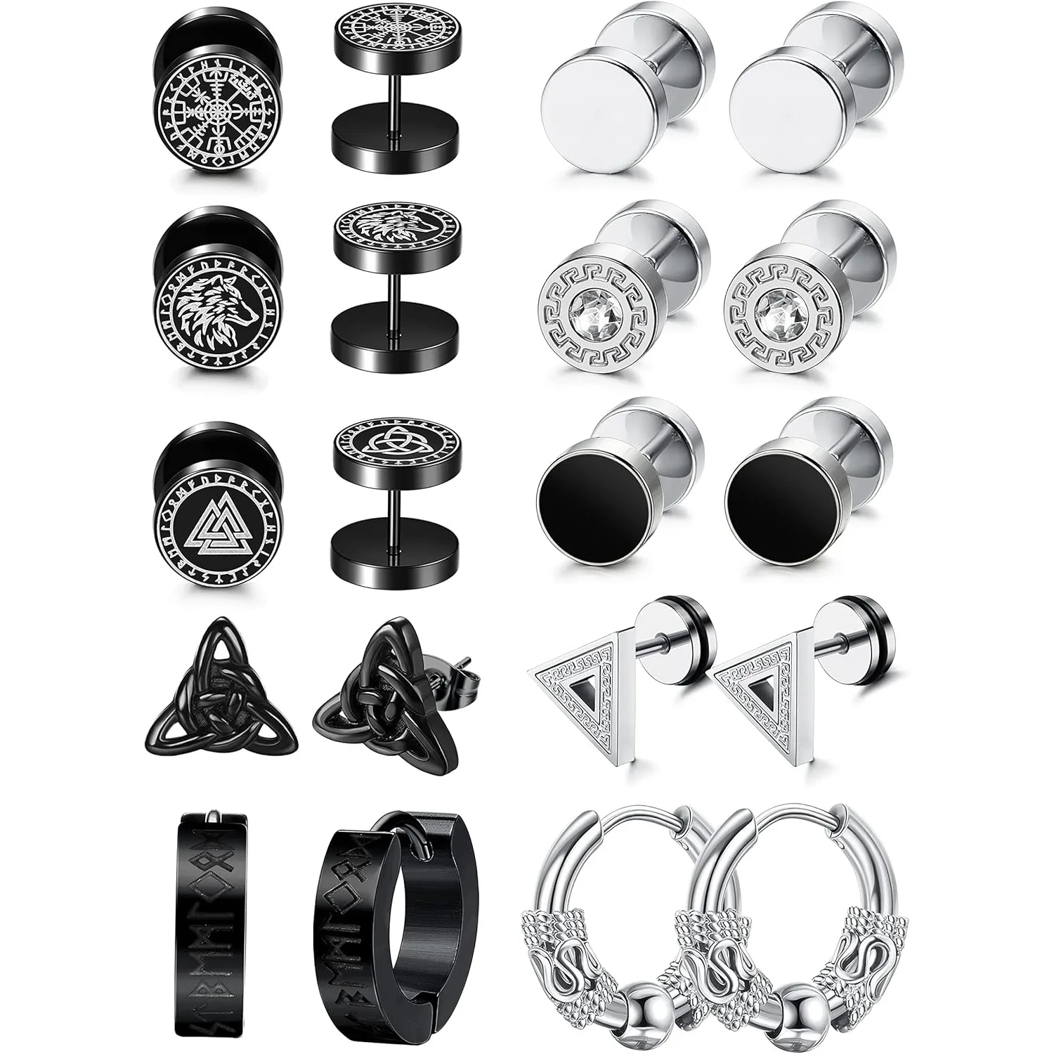 

Florideco 10 Pairs Stainless Steel Earrings for Women Men Hoop Earrings CZ Gothic Screw Stud Earrings Piercing Jewelry Halloween