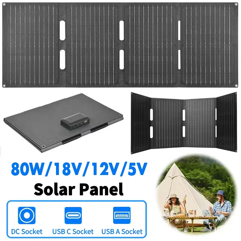 80W Foldable ETFE Solar Panel Charger 23% High Conversion Rate Multiple-Functional Portable Solar Charger Type C/USB/DC Output