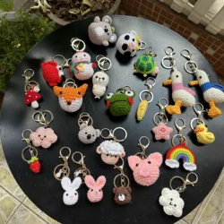 5pcsHandmade wool crocheted cartoon sunny day doll dog pig sheep chicken fox rabbit animal diy doll head keychain bag decoration