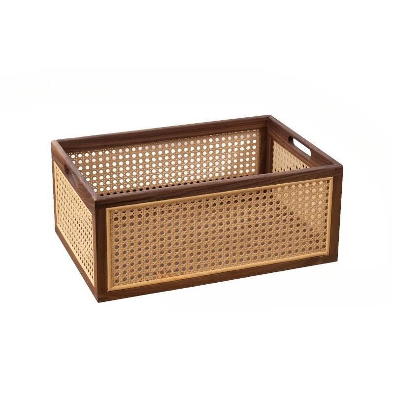 

Black walnut solid wood rattan home desktop storage basket, sundries, cosmetics finishing storage wooden box