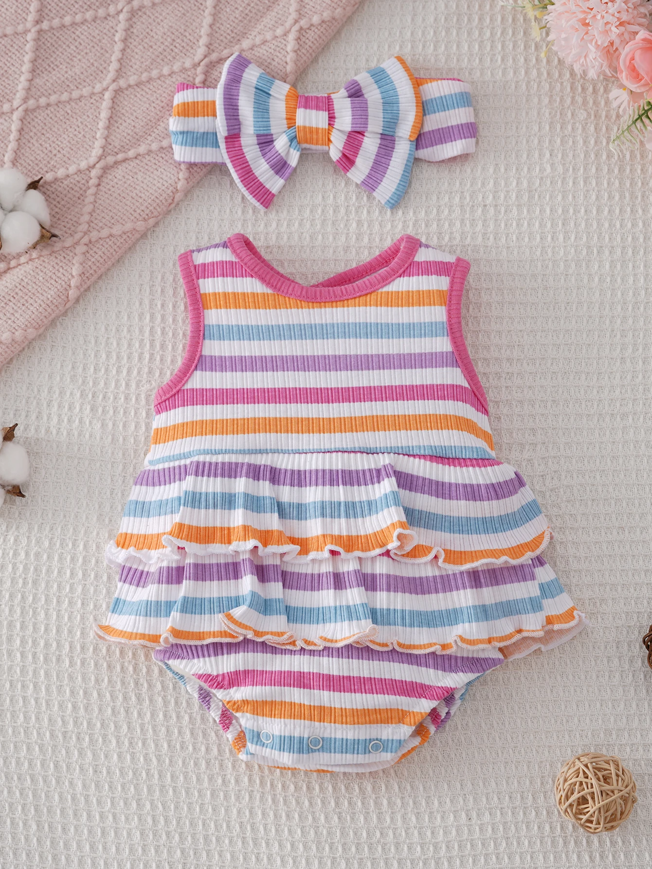 2-piece set of newborn baby romper with headband, rainbow stripe print pattern, summer sleeveless jumpsuit, suitable for 0-9 month old baby girls for outdoor wear