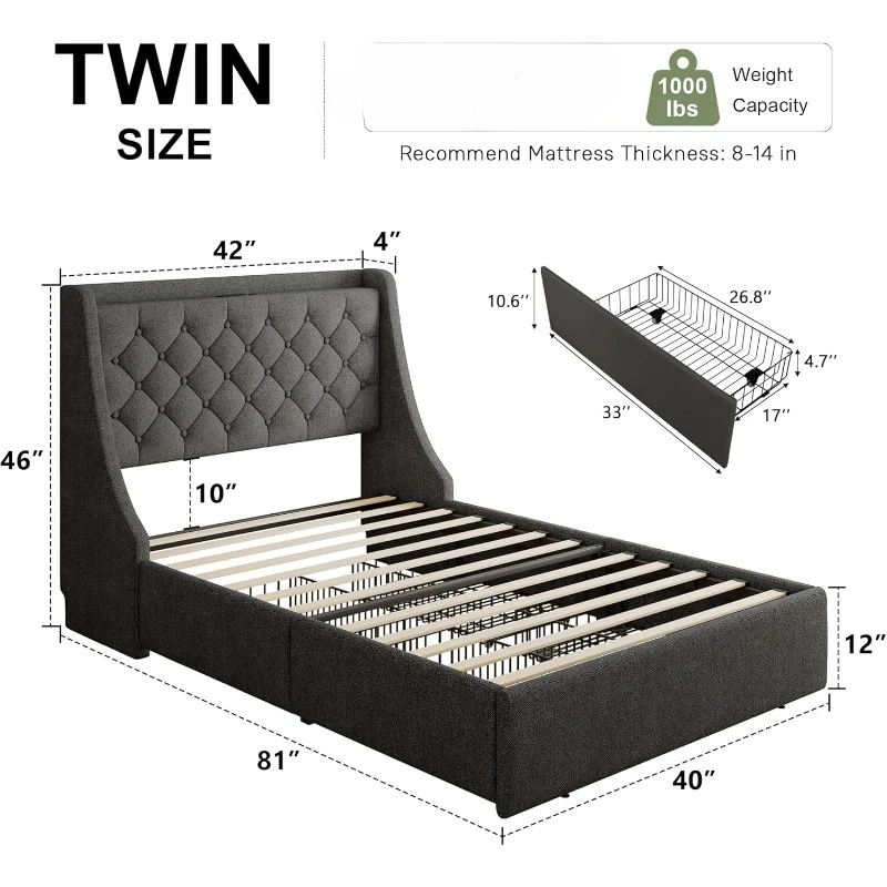 Twin Bed Frame with 4 Storage Drawers with Charging Station, Large Storage Headboard, No Box Spring Needed, Easy Assembly