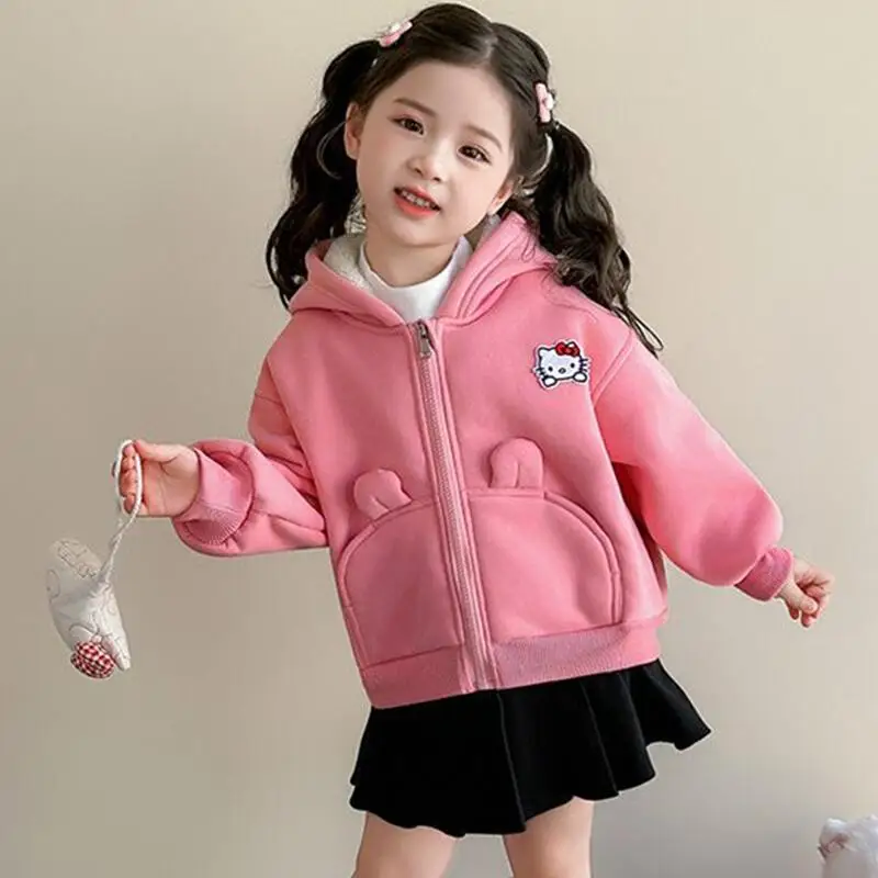 

Sanrio Hello Kitty Thicken Hoodie Coat Girl Autumn Winter Tops Baseball Uniform Child Kawaii Anime Cartoon Fashion New Clothing