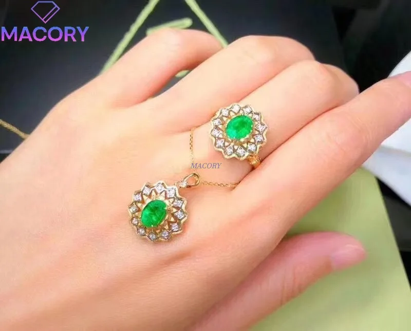 

Женский комплект из чистого натурального изумруда, кольцо и ожерелье из стерлингового серебра 925 пробы, комплект из двух предметов, новый модный стиль с сертификатом