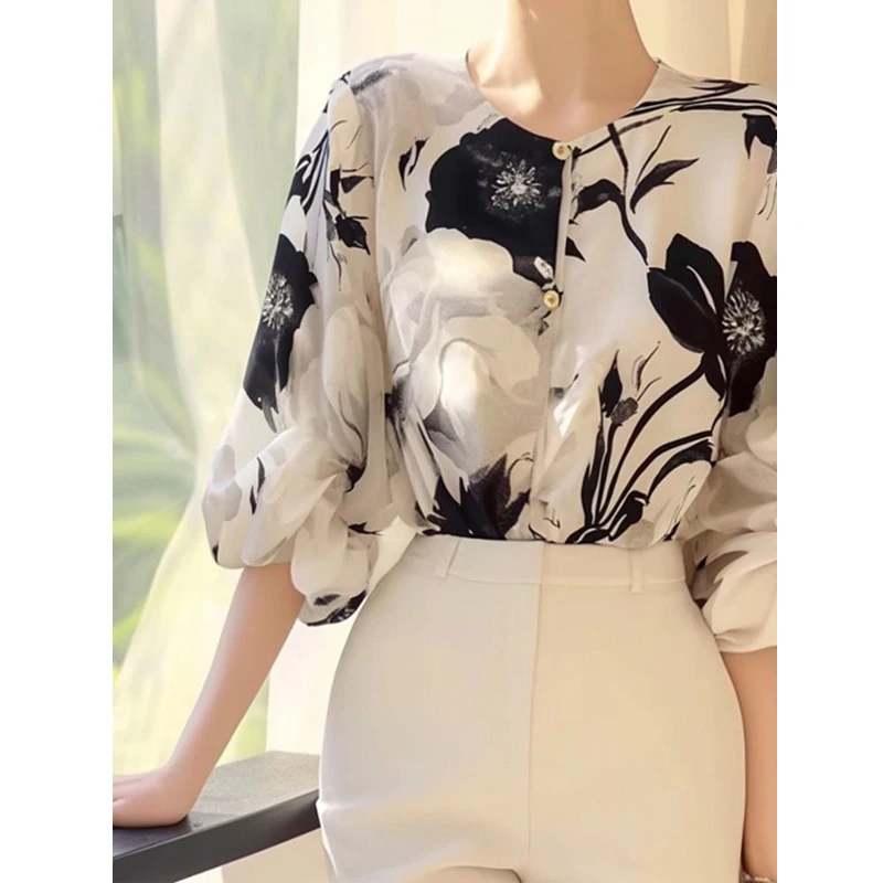 Women\'s Summer Fashion Floral Printed Luxury Blouse Office Lady Elegant Chic Business Casual Shirt O Neck Half Sleeve Loose Tops