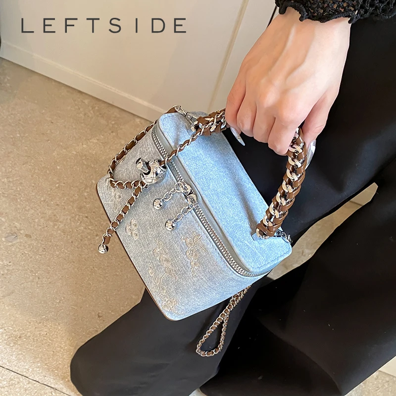 LEFTSIDE Mini Box PU Leather + Denim Shoulder Bag Lady Handbags Women 2024 Korean Fashion Crossbody Bag with Short Handle