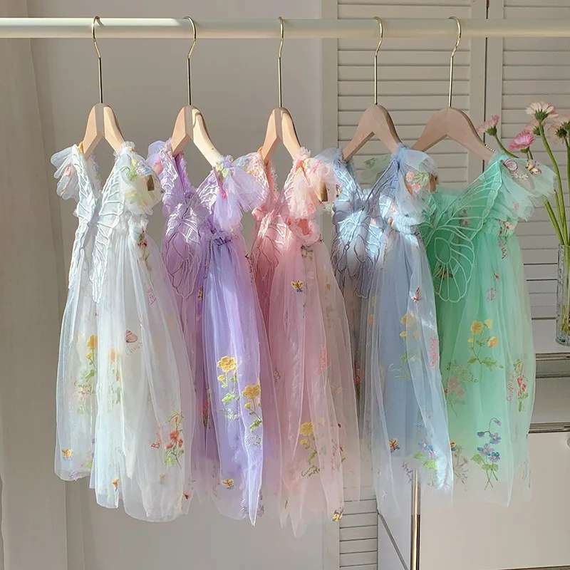 Embroidery Flower Girl Dresses Baby Girl Tutu Dress Angel Birthday Dress Girl Clothes Butterfly Fairy Mesh Tulle Party Dresses