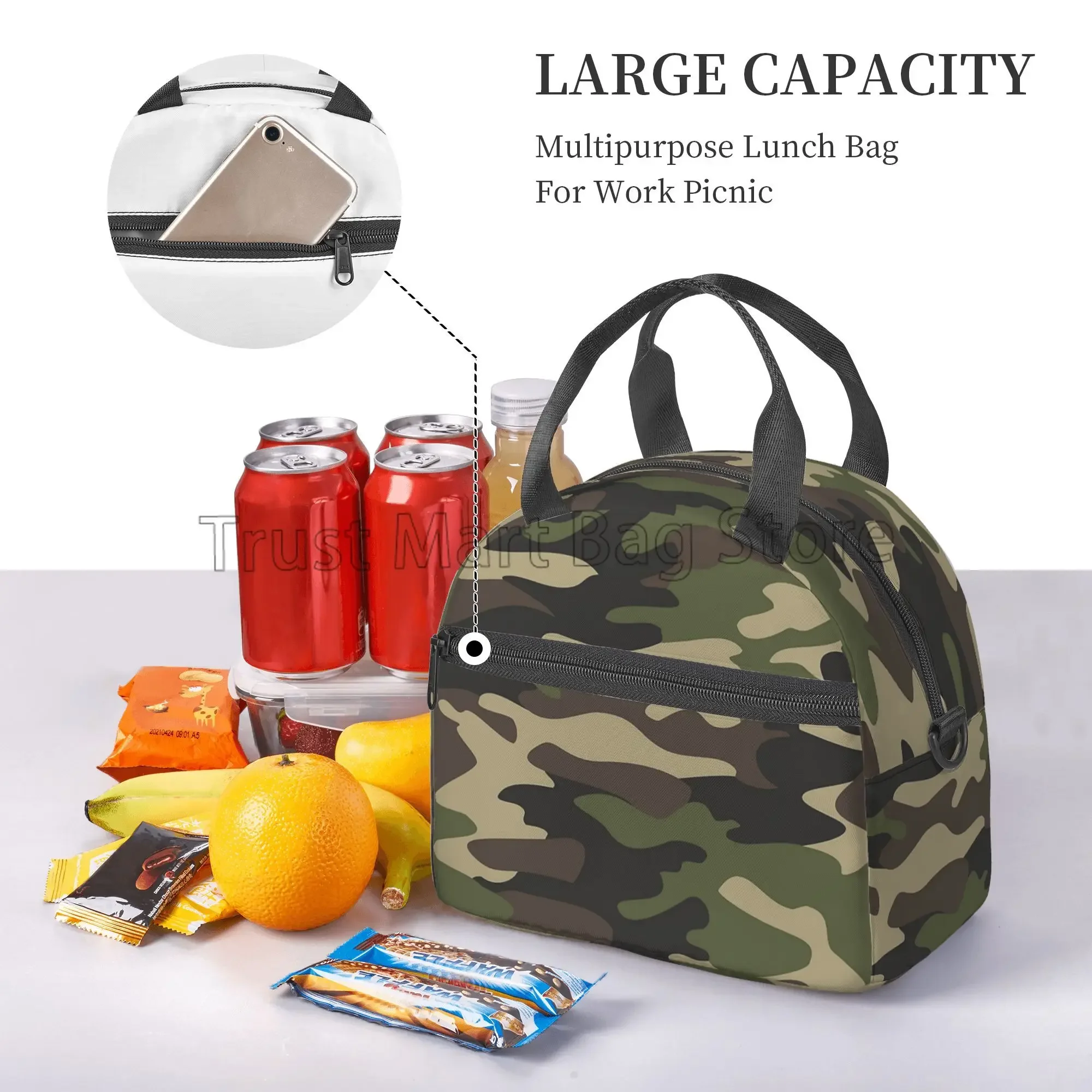 Green Camo Insulated Lunch Bag for Women Men Camouflage Waterproof  Cooler Thermal Lunch Tote for Office Picnic Food Bento Box