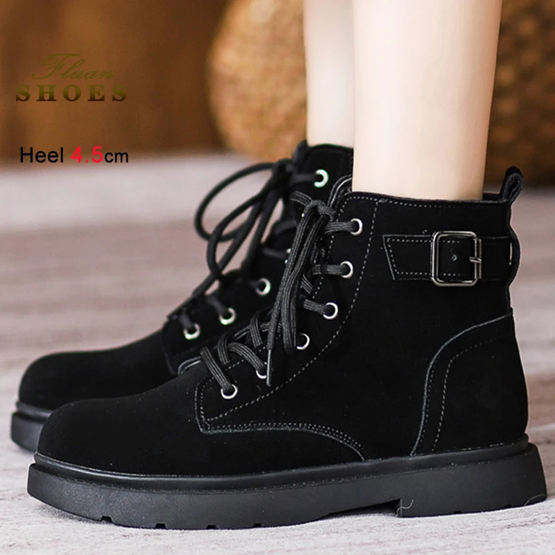 

Новинка 2025 года, зимние женские ботильоны на шнуровке, короткие ботинки на нескользящей подошве, ботинки на платформе из матовой натуральной кожи с боковой молнией