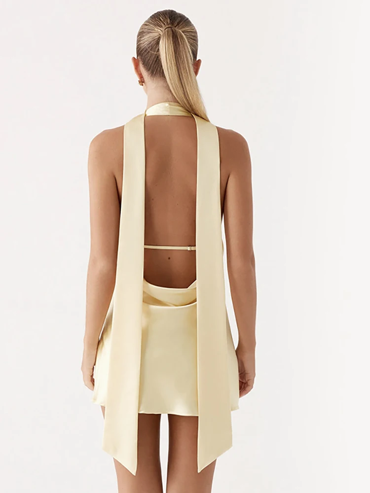 Fantoye Satin Sexy Deep V-neck Halter Women Dress Yellow Backless A-line Mini Dress Female Summer Slim Elegant Party Club Dress