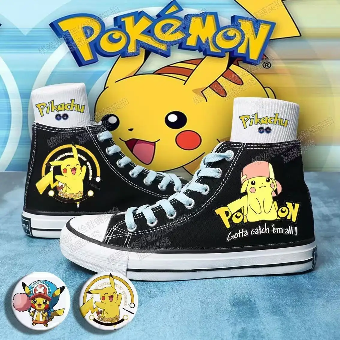 

drop shipping 2025 new spring winter Pikachu cartoon high top plus big size black real canvas shoes student shoes for men women