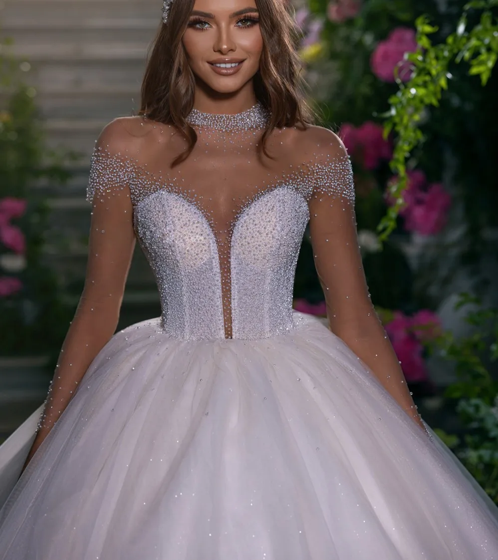 Ilusão do vintage alta pescoço vestido de baile vestido de casamento miçangas pérolas pescoço ilusão mangas completas tule noiva vestidos de noiva