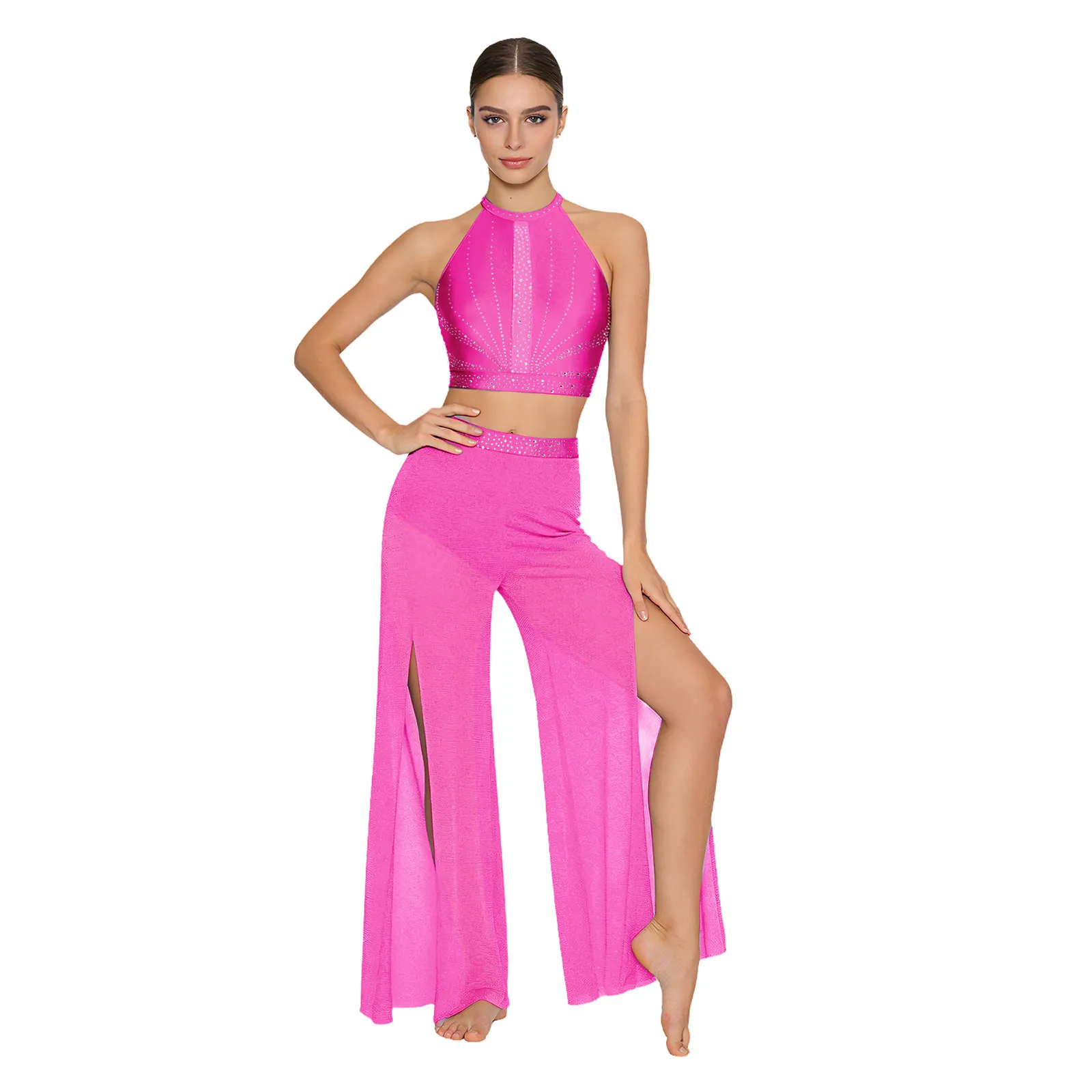 Ärmelloses Tanzset mit Strass für Damen, modernes Performance-Kostüm, ausgehöhltes Tanktop und schimmernde Schlitzhose