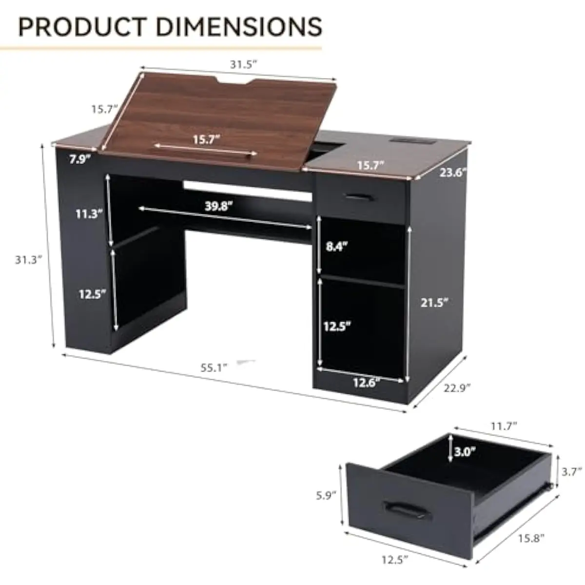 55.1 inch multifunctional tilting drafting station with wood grain engineered wood top, 0°–80° adjustable desktop, concealed sto