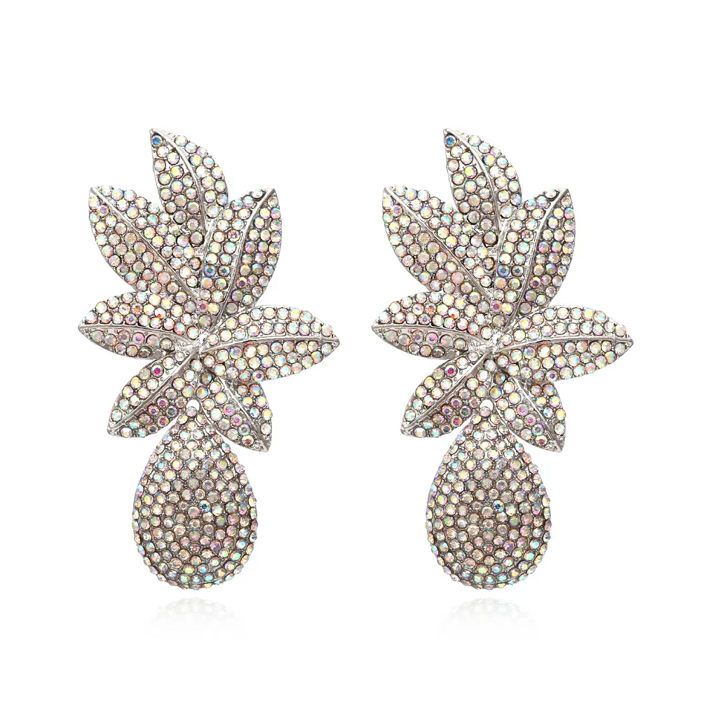 Super flash full diamond leaf earrings retro AB color rhinestone leaf flower earrings exaggerated earrings women