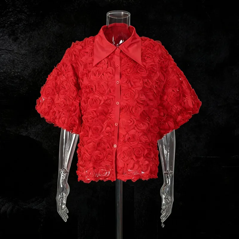 HKSH printemps été nouvelles femmes chemise manches courtes haut de gamme fleur tridimensionnelle simple boutonnage tendance Blouse Chic haut HK17811