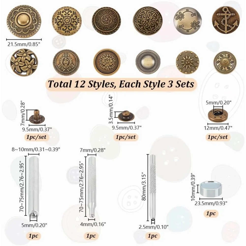 36 Set Leather Snap Fasteners Kit - 18mm Snaps Press Studs Buttons for Leather Craft Jacket Jeans Clothes Bags