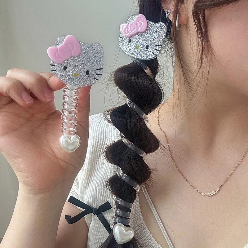 Sanrio Kawaii Hello Kitty Elastic Spiral Hair Rope Cartoon Cute Telephone Line Hair Ring Girls Sweet Rubber Bands Headdress